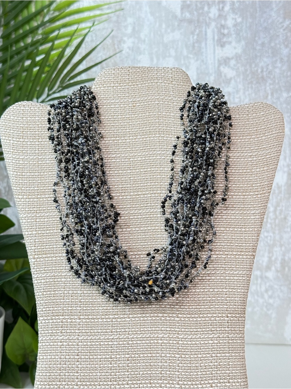 Black & Silver Multi Strand Seed Bead Statement Necklace NWT